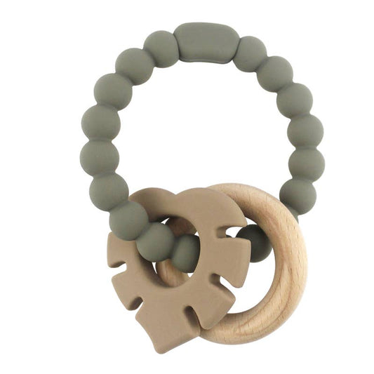 Bijtring armband met houten ring en blad, grijs